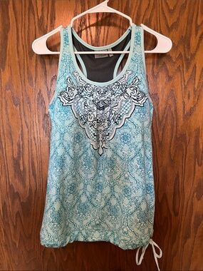 Athleta Light Teal Printed Racerback Tank with Drawstring Hem